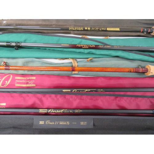 146 - Six quality fishing rods including Shakespeare Oracle IV, Silstar, Shimano etc, mostly carbon fibre,... 