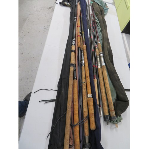 148 - Collection of fishing rods including boat, pier and spinning, various makers including Bruce & Walke... 