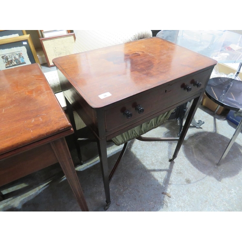 309 - George IV mahogany sewing table on castors with cross stretcher and single drawer with wool slide be... 