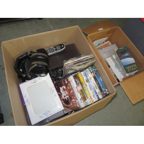 140 - Box of DVDs, CDs, headphones etc