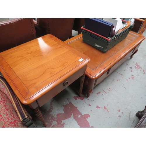 169 - Glass topped wooden low table plus a square matching table with single drawer and reeded legs