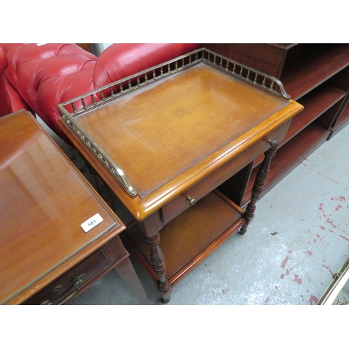 181 - Glass topped mahogany side table with three drawers and tapering legs, plus a table with brass galle... 