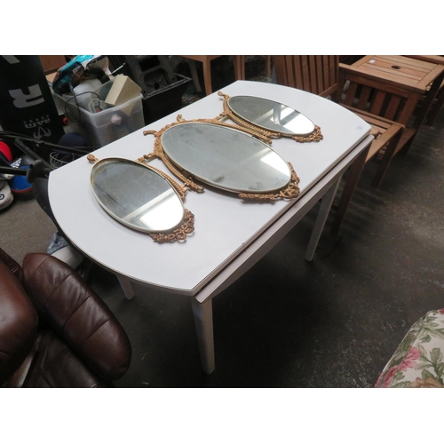 28 - Drop leaf kitchen table plus a tri-fold dressing table mirror