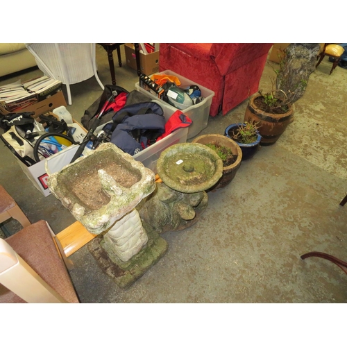 71 - Two concrete bird baths, plus three garden pots