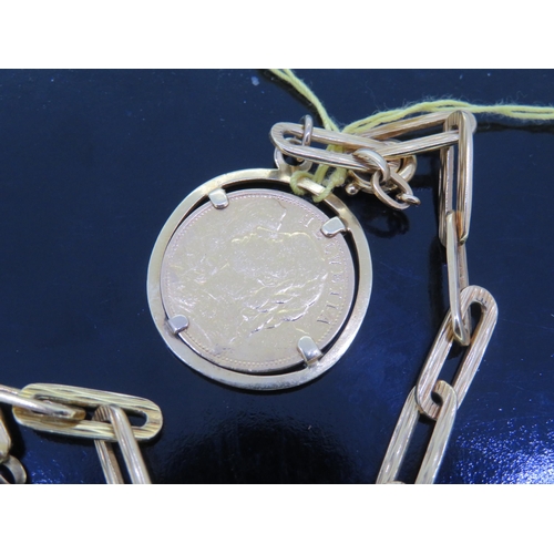 221 - 18 ct. gold link bracelet with bark finish having a 1935 Swiss 20 franc coin attached - wt. 19 grms