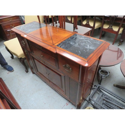 165 - Drinks cabinet with three drawers to top, a cupboard to base, brass swing handles, and marble insert... 