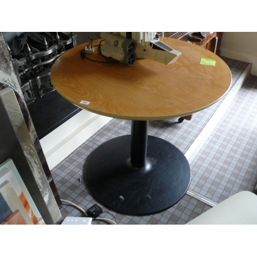 134 - Circular wooden table with single pillar metal base