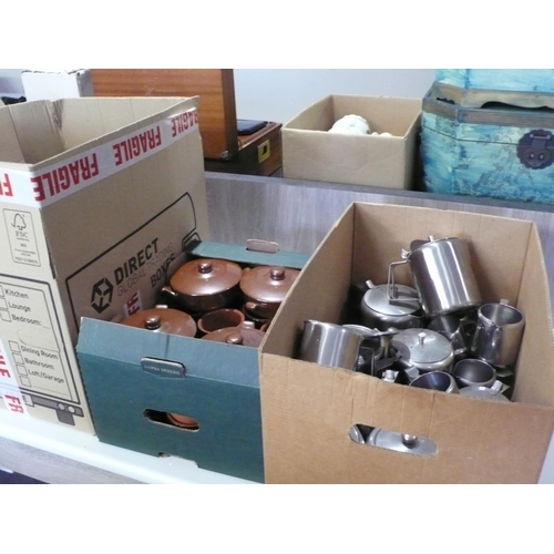 36 - Two boxes of earthenware crockery plus a box of EPNS jugs