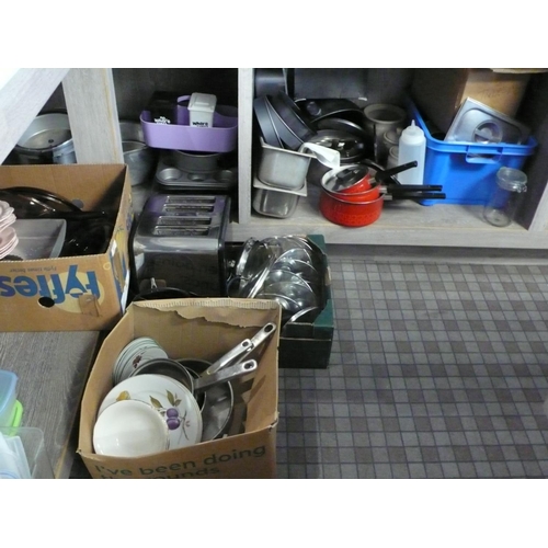 37 - All items under worktop including, trays, plasticware, toaster, pans and lids, metal trays etc