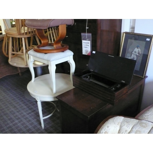 59 - Carved oak blanket box plus circular coffee table, dressing table stool plus a Stressless style foot... 