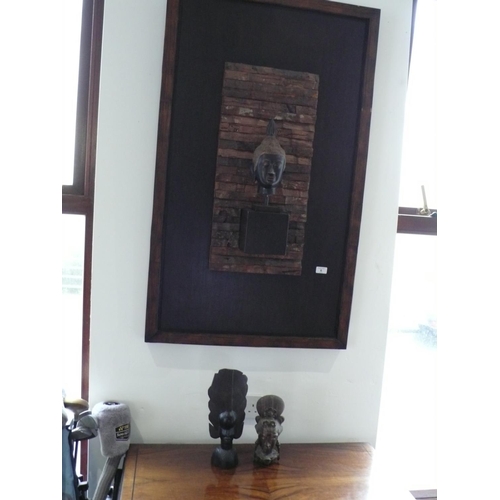 6 - Framed hanging Buddha plus two carved heads