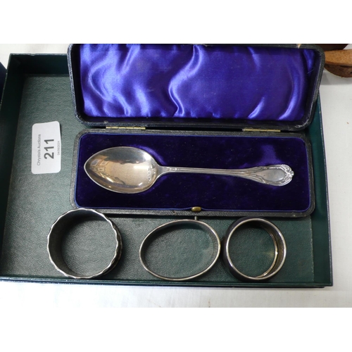 211 - Silver spoon and napkin rings