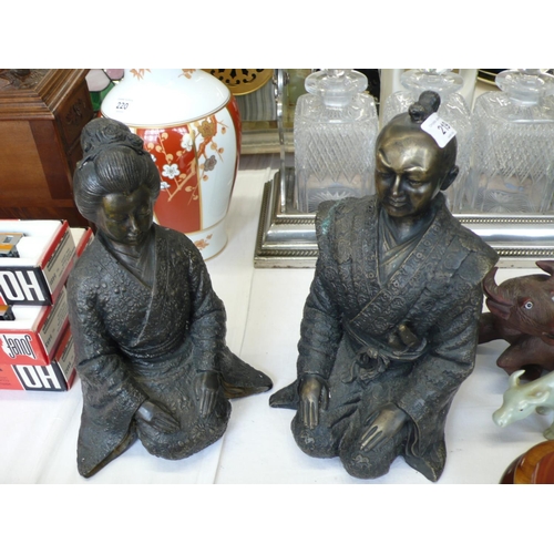 219 - Pair of Japanese bronze metal figures, man and woman, height 10ins