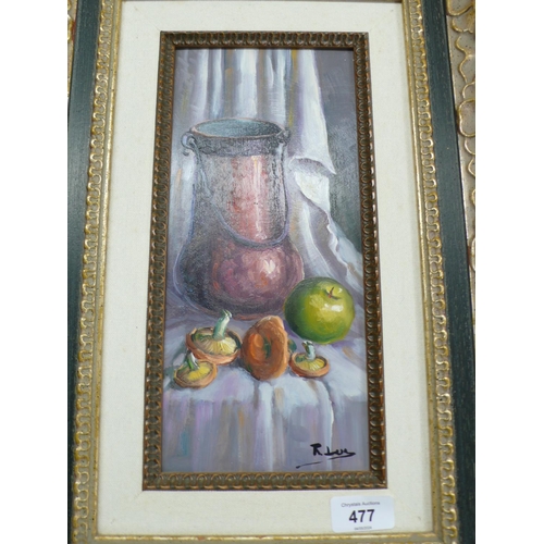 477 - R. Lue(?), Still life, mushrooms apple and pot, oil on board, signed, 13x5ins