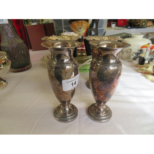 14 - Pair of George V silver hand beaten vases, Birmingham 1929, height 5.5ins