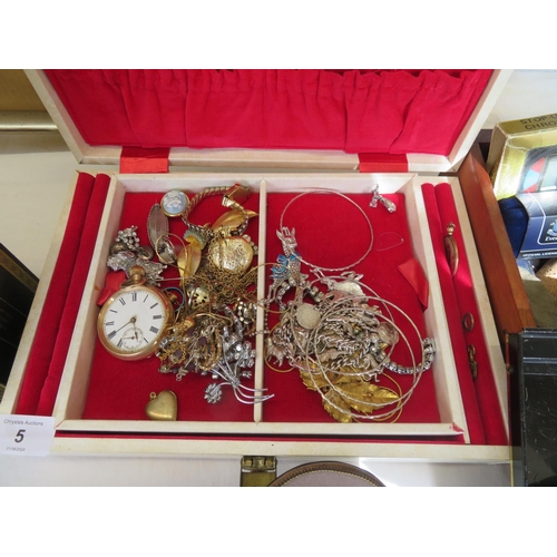 5 - Collection of costume jewellery, gold plated pocket watch etc