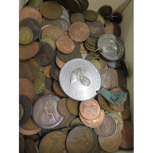 56 - Collection of copper, brass and foreign coins together with two Victorian medallions