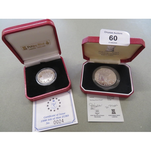 60 - Cased silver proof Isle of Man £5 coin plus 1998 cased silver 10euro coin