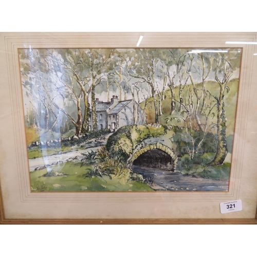 321 - P G Phillips, cottage by a bridge (Grenaby Bridge), ink watercolour, signed, 10x14ins