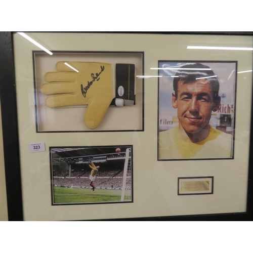 323 - Gordon Banks signed glove, 'England's Greatest Goal Keeper', framed with photographs