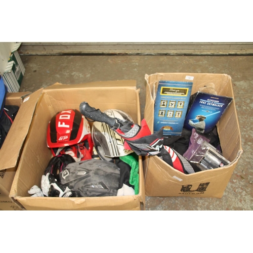 10 - Box of motor cycle and cycle helmets plus motor cycling clothing etc
