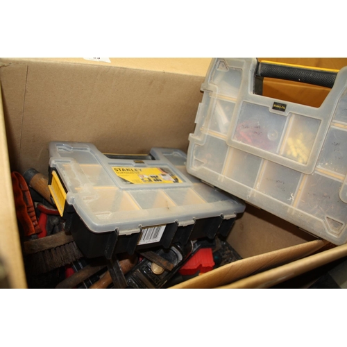 63 - Box of mostly chisels, planes, wire brushes, fixings etc