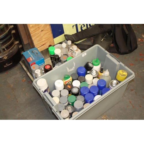 90 - Two boxes of assorted paints, sprays, repair kit, cleaners etc