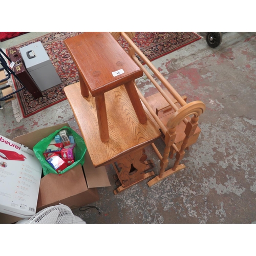 16 - Carved nest of three tables, small stool, wooden airer and a craft box