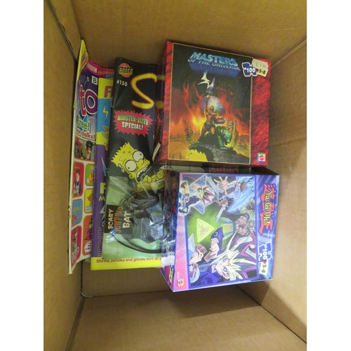 371 - Box of collectors cards including Yu-Gi-Oh! and Magic : The gathering plus a box of jigsaws and maga... 