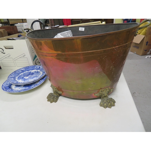 412 - Large Victorian copper and brass log bin with lion paw feet