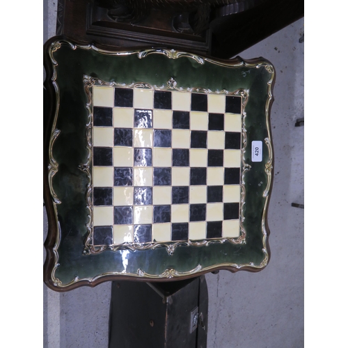 420 - Pottery top chess table plus a magazine holder