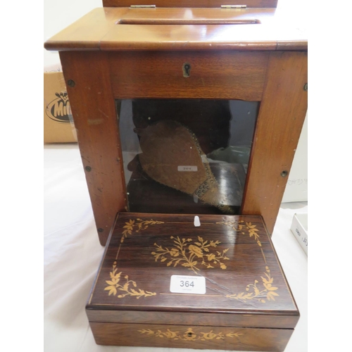 364 - Wooden post box, bellows and a Victorian inlaid jewellery box