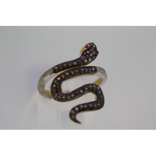 453 - Unusual silver gilt snake ring set with rose cut diamonds