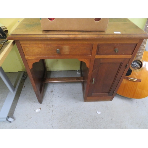 105 - Hardwood Art Deco type desk with cupboard and two drawers