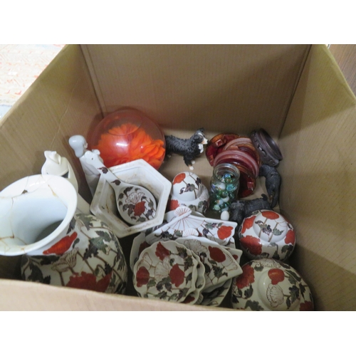 117 - Three boxes of crockery, ornaments and knicknacks including a Lazy Susan