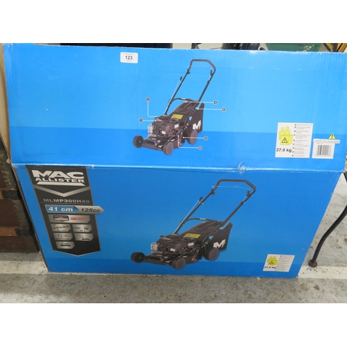 123 - Little Used Macallister 125cc petrol lawnmower, boxed, 41cm cut