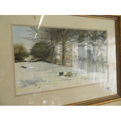 145 - F Lawrence, Dogs playing in the snow, watercolour, 12 x 22 ins