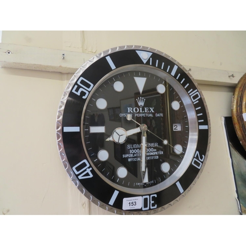 153 - Wall clock in the form of a Rolex Submariner - black dial and bezel with date aperture