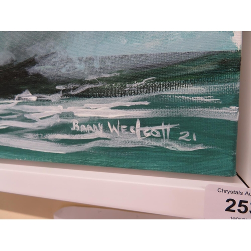 253 - Barry Westcott, Waves crashing on the shore, oil on canvas, signed and dated '21, 14 x 36 ins