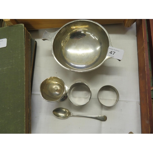 47 - Silver quaich, egg cup, spoon and napkin rings, 9.2ozt