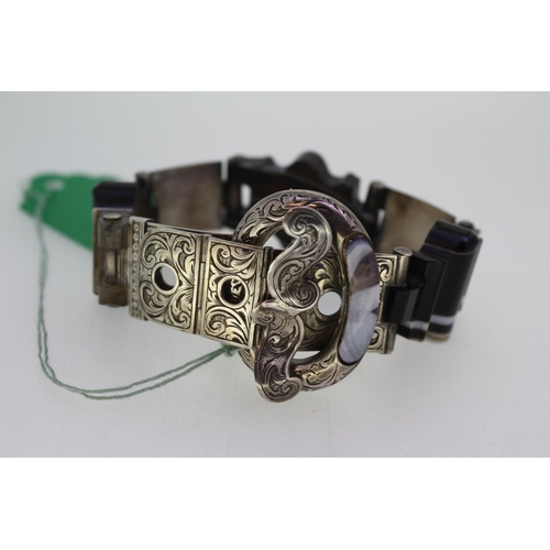 182 - Victorian agate and silver mourning bracelet