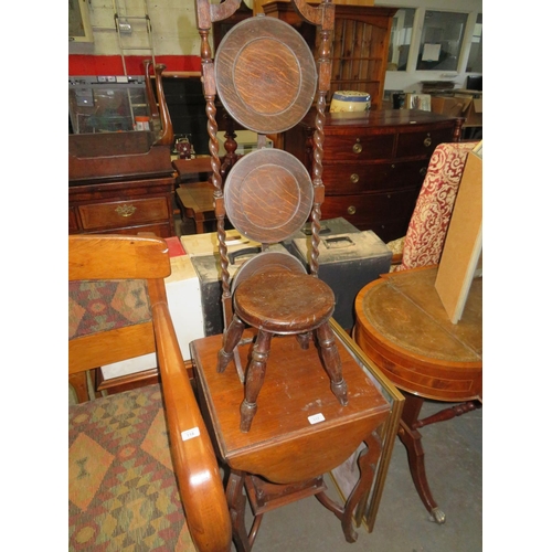 117 - Square table with four drop leafs and central pot stand under, small stool, plate rack, and two pict... 