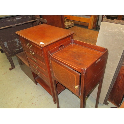 195 - Wooden box, five drawer cabinet, single cupboard cabinet, plus a long foot stool