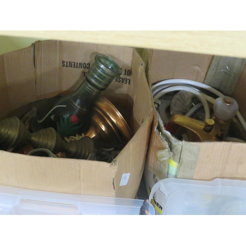 285 - Oil lamps, metalware, shower fitting, pottery ornaments etc