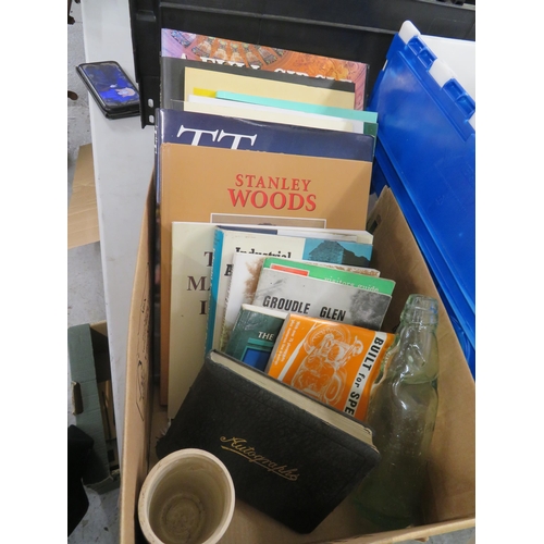 318 - Box of Manx and other books, woolf's brewery bottle and jar, autograph book etc