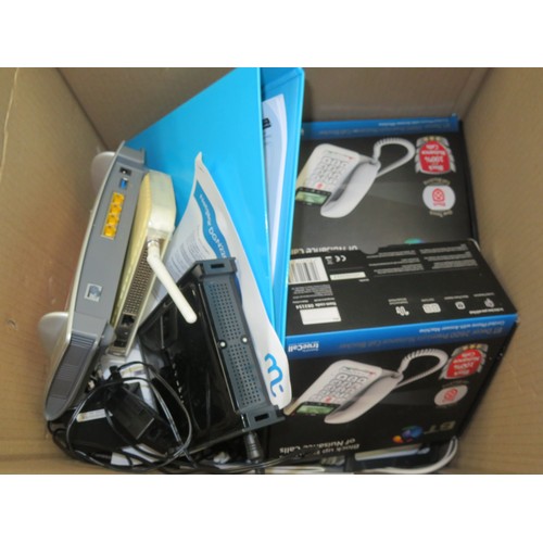 160 - Box of routers and phones, a box of Caution - Wet Floor signs, two portable strip lights, plus a bac... 