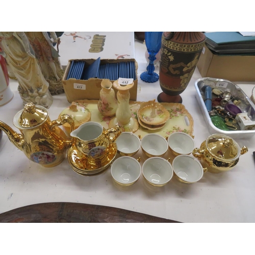 412 - Porcelain dressing table set and gold coffee set