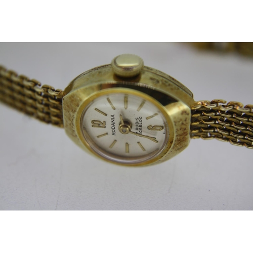 375 - 14ct gold ladies Rodania wind up wristwatch with gold strap, total weight 11.7grams