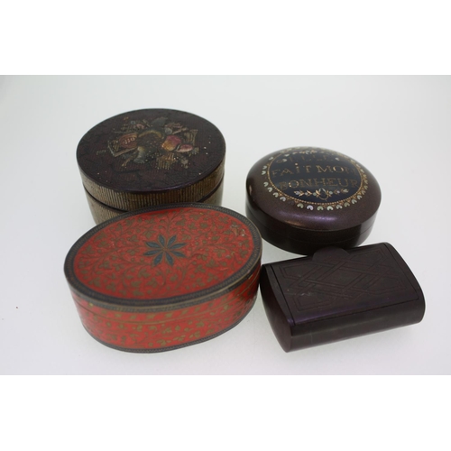 439 - Four snuff boxes, papier mache, tortoiseshell, enamel etc