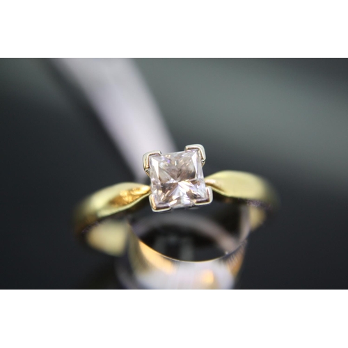 458 - 0.7ct square cut diamond ring set in yellow gold, size N, good colour and clarity